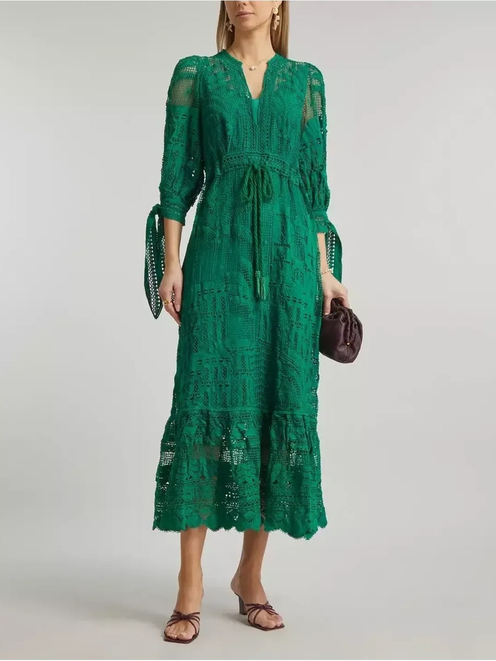 Farm Rio Guipure Morada Boa Eyelet Crochet Long Sleeve Maxi Dress Gown Green